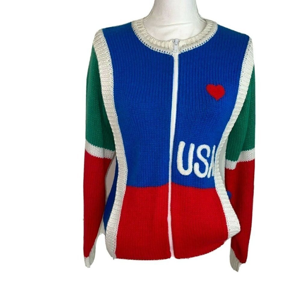 Eclipse Sweater Womens Size Large L Vintage Zip Front USA Logo Applique Acrylic